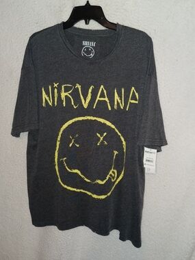 Nirvana Men's L Charcoal Graphic Logo Distressed T‑Shirt Smiley Face 93 Tour(HC)